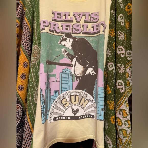 ELVIS BAND T Poncho Kantha Handmade One Of a Kind Upcycled Boho - Picture 4 of 5